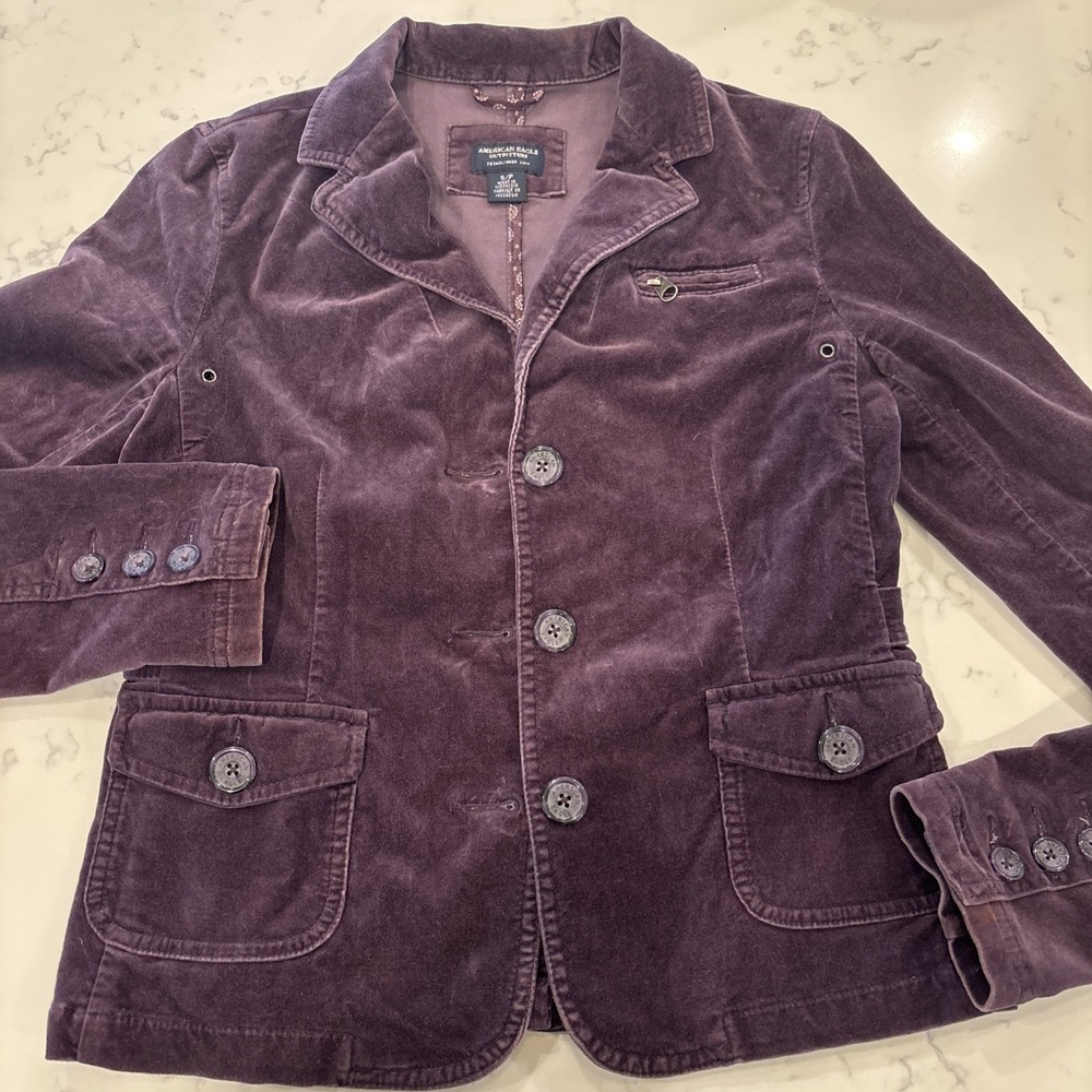 Vintage Y2K American Eagle Velvet Purple Blazer Jacket Women Small Fitted Preppy